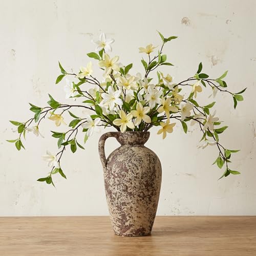 Brown Ceramic Rustic Farmhouse Vase Jug Pitcher with Handle, Distressed Antique Terracotta Pottery Flower Vase 14.2 Inch Handmade Large Floor Vintage Decorative for Home Living Room Decor