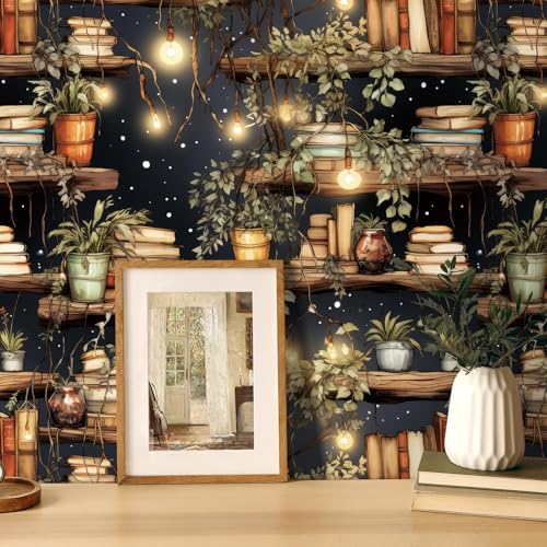 iPaste Cozy Bookshelf Wallpaper Peel and Stick Boho Botanical Whimsical Bookcase Book Wallpaper for Bedroom Study Dorm Easy Peel Off Stick on Accent Wall Paper Antique Bookshelf Contact Paper 17.5x80