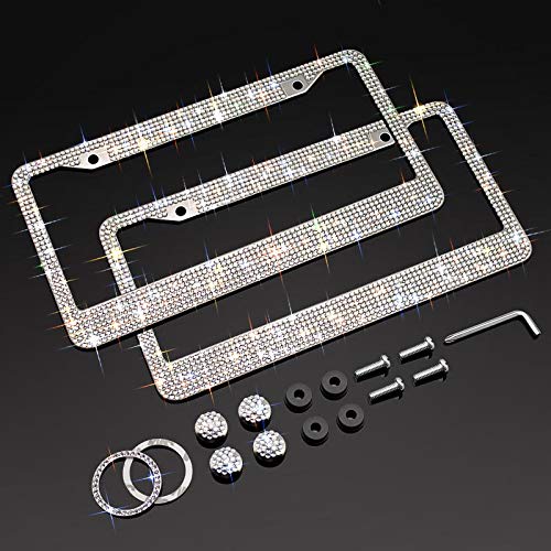 XCLPF Bling License Plate Frame for Women, Sparkly Stainless Steel License Plate Frames| Over 1000 pcs 14 Facets Bedazzled Clear Glass Diamond Rhinestone Crystals w/Free Glitter White Diamond