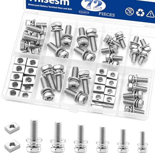 Tnisesm 72PCS M5 & M6 Motorcycle Battery Terminal Bolts and Nuts Kit Stainless Steel M5x10/12/14mm & M6x12/16/20mm Bolts with Rectangular Nuts for ATV Generator Battery Terminal Replacement