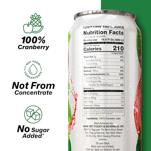 Image of VINUT 100% Cranberry Juice, No Added Sugar, Not From Concentrate, 16.9 fl oz (500 mL) Can, Pack of 12