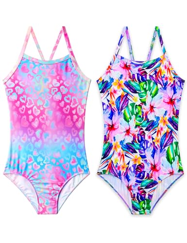 Bundle of Girls Swimsuits One Piece Sleeveless Bathing Suit Breathable Swimwear for Kids Child Beach with Sun Protection
