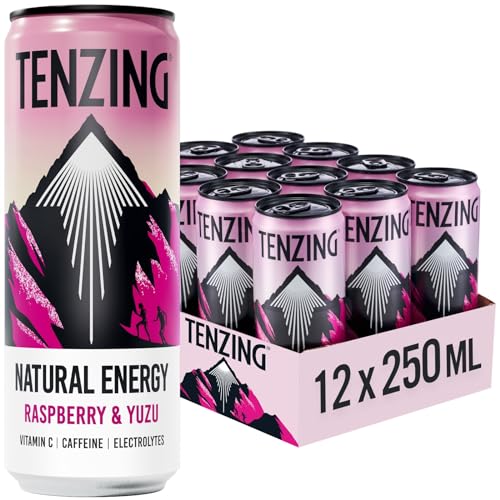 TENZING Natural Energy Drink Plant Based Vegan & Gluten Free Drink Raspberry & Yuzu 250ml (Pack of 12) - Packaging may vary
