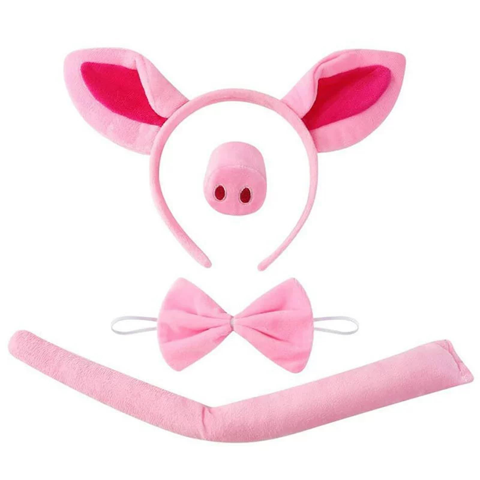 WQorphix 4Pcs Pink Pig Costume Accessories Set, Soft Pig Ears Costume With Pig Nose Tail Bow Tie, Unisex Pig Costume For Adults Kids, Animal Fancy Dress Kit For Halloween Carnival Farm Theme Party