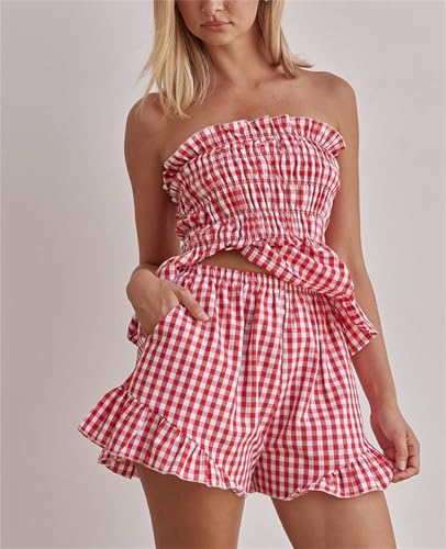 Image of Yuemengxuan Women Shirred Top Shorts Summer Outfits Set 2 Piece Striped Pajamas Set Sleeveless Ruched Bandeau Tube Top Shorts (Red #F, XL)