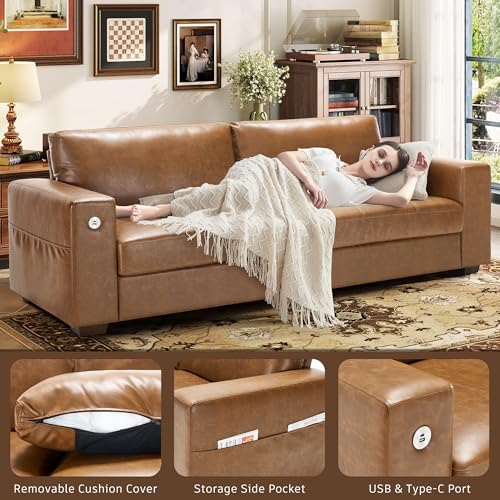 Image of Hanherry Faux Leather 89 inch Sofa for Living Room, Modern Comfy Sofa with Medium Firm Seat Cushion, Removable Cover,Wide Armrest,USB /Type-C Port,Couches for Small Space,Apartment