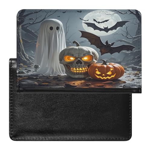 Portadocumentos de viaje de piel sintética con diseño de farol de calabaza, fantasma, para mujeres y hombres, cartera de viaje para pasaporte, funda impermeable para pasaporte, organizador de