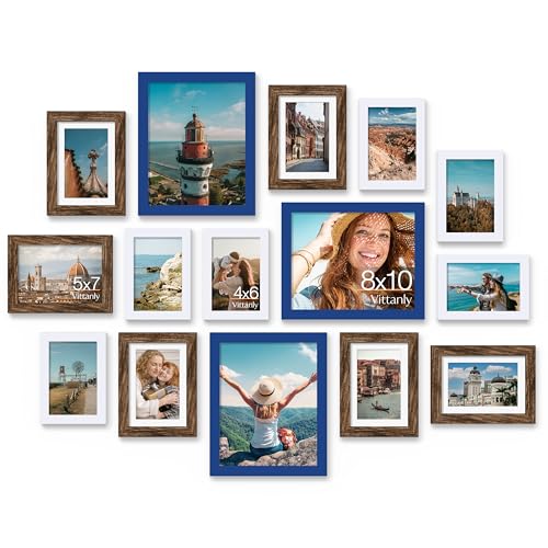 Image of Vittanly 15 Pack Picture Frames Collage Wall Decor, Multi Sizes Including 3pcs 8x10, 6pcs 5x7 and 6pcs 4x6 Photo Frames, Gallery Frame Set for Wall or Tabletop Display, Blue, Brown and White