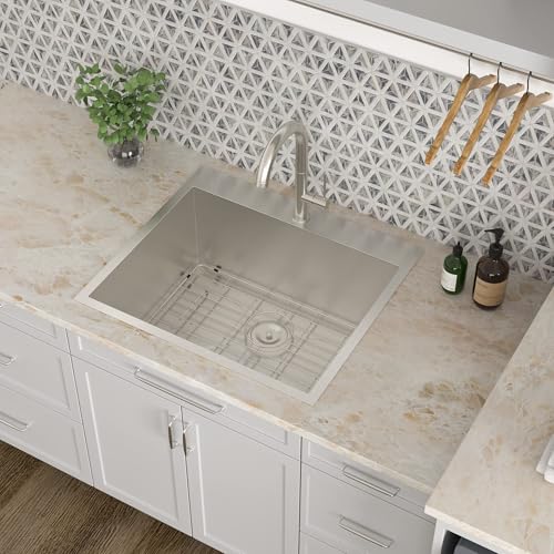 Image of Kichae 25 Inch Laundry Sink - 25x22 Kitchen Sink Drop In Utility Sink 12 inch Deep Sink Topmount Single Bowl Stainless Steel RV Laundry Sinks Handmade with Accessories