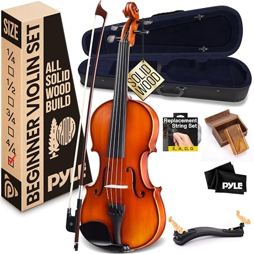 Pyle Solid Wood Violin, Premium Spruce Top and Maple Side Construction 4/4 Full Size Fiddle Set with Accessory Kit