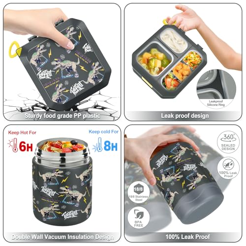 Image of wiwens Bento Lunch Box for Kids with 12oz Soup Thermo Leak-Proof Lunch Food Container with 5 Compartment Thermo Hot Food Jar and Insulated Lunch Bag for Kid Toddler Girls Boys to School
