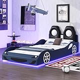 Harper & Bright Designs Twin Size Race Car Bed with LED and Upholstered Backrest Headboard, PU Car-Shaped Platform Bedframe with Wheels, Wood Slat Support, No Box Spring Needed, Blue