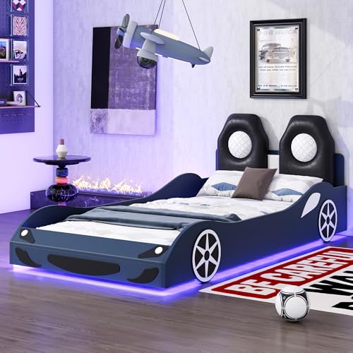 Bellemave Wood Twin Size Race Car-Shaped Platform Bed with LED and Upholstered Backrest Platform Bed Frame with Race Car-Shaped and Safety Guardrails (Blue)