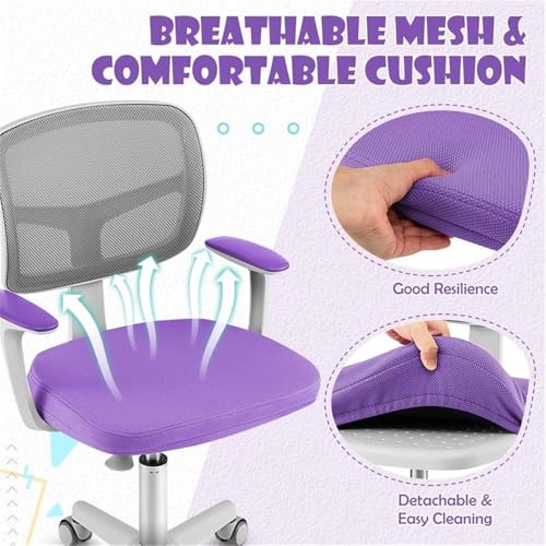 Image of Pemberly Row Kids Study Chair, Adjustable Height 31.5-36 in, Mesh Back, Cushioned Seat, Lumbar Support, Swivel Seat, Auto Brake Casters, Purple Finish, Ergonomic Chair for Study or Homework Use
