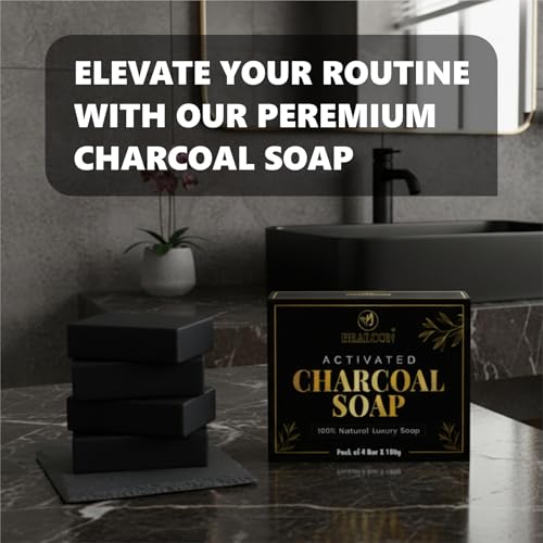 Image of BRALCON Activated Charcoal Soap for Deep Cleansing, 100% Natural Luxury Bar, Black, Pack of 4, 100g Each