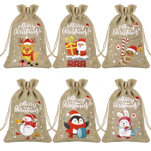 GEBETTER 12Pcs Saquitos Navidad Yute 10x15cm 6 Modelos Bolsitas Navideñas Bolsas Tela Lino Arpillera Cordel Regalos Chuches Dulces Caramelos Detalles Recuerdos Regalitos Invitados Fiestas (Color A)