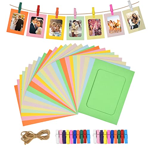 30 Piezas Marcos de Fotos de Papel Kraft con Clips de Madera y Cordel Set, 6x4 Pulgadas Marco de Imágenes de Cartón, Fotos Álbum Colgante para Hogar Colegio Oficina Pared DIY Decoración (Vistoso)