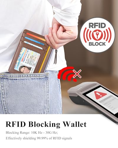 Image of Teskyer Slim Minimalist Wallet, RFID Blocking Credit Card Holder Leather Wallet with Zipper Pocket for Men Women, Coffee, 3.5 inch x 4.7 inch, Minimalist | Zip Pocket for Cash Coin, 1 ID Window & 7 Card Slots, Ultra Slim Design, D-Ring for Neck Lanyard, for Daily Carry and Travel