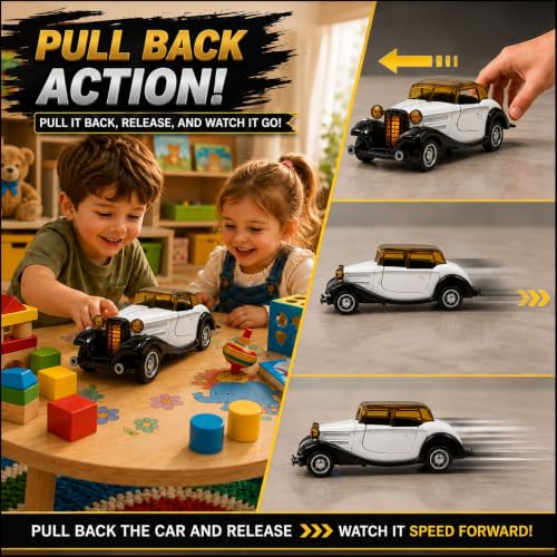 Image of GRAPHENE 1:32 Metal Diecast Vintage Toy Car Pull Back Action Light Sound Openable Doors Miniture Antique Retro Classic Model Car for Kids Toddlers Car Decorative Item Birthday Gift 3+Boys (White)