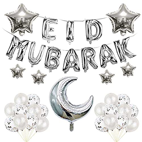 Image of Rozi Decoration Eid Mubarak Celebration Combo Foil Confetti & Metallic Balloon Various Shape Moon Star kit to Decor Home Hotel Office- Silver,28 pcs