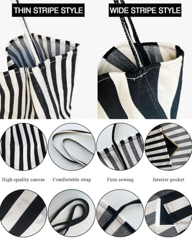 Image of Striped Canvas Tote Handbag for Women Vertical Stripe Large Capacity Shoulder Bag for Shopping Travel