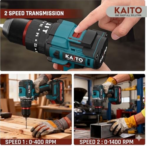 Image of KAITO 10mm Cordless Drill Machine Kit | 21V Li-ion, 2 Batteries + Charger | 2000 RPM, 3-in-1 Drill /Driver /Hammer | Metal Chuck, High Torque | Wood, Metal & Wall Drilling Tool Set