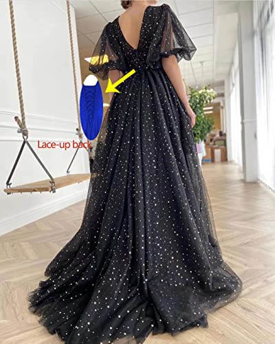 Xijun Plus Size Prom Dresses Puffy Sleeve Sparkle Starry Tulle Navy Blue V Neck Ball Formal Evening Dresses Corset Wedding Gowns Long Us18W #TOP2