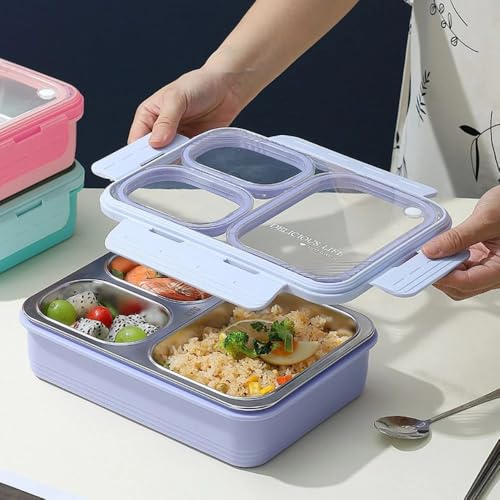 Image of Stainless Steel Lunch Box | 3-Compartment Leakproof & BPA-Free Bento Box | Insulated with Detachable Inner Containers & 4-Sided Lock | Ideal for Office, School, College, Travel | Lavender