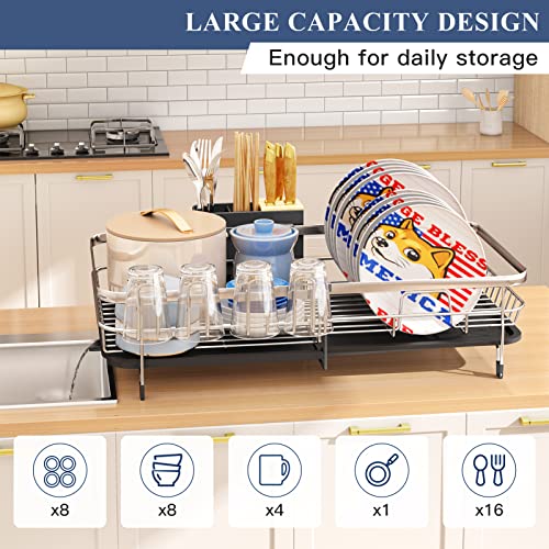 Dish Drying Rack, Expandable(12.8"-21.5") Dish Racks For Kitchen Counter, Large Dish Rack With Drainboard, Dish Drainer Organizer With Utensil Holder, Cup Rack (Silver) #TOP5