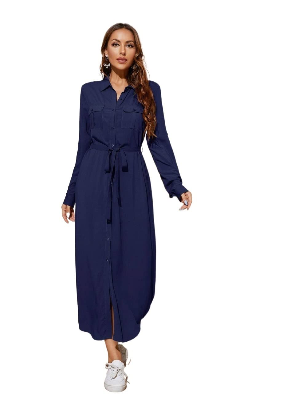 Amazon.com: IFAJOOR Womens Summer Dresses, Roll Up Sleeve Flap Pocket  Belted Shirt Dress Casual Summer Dresses for Women (Color : Navy Blue, Size  : Medium) : Clothing, Shoes u0026 Jewelry