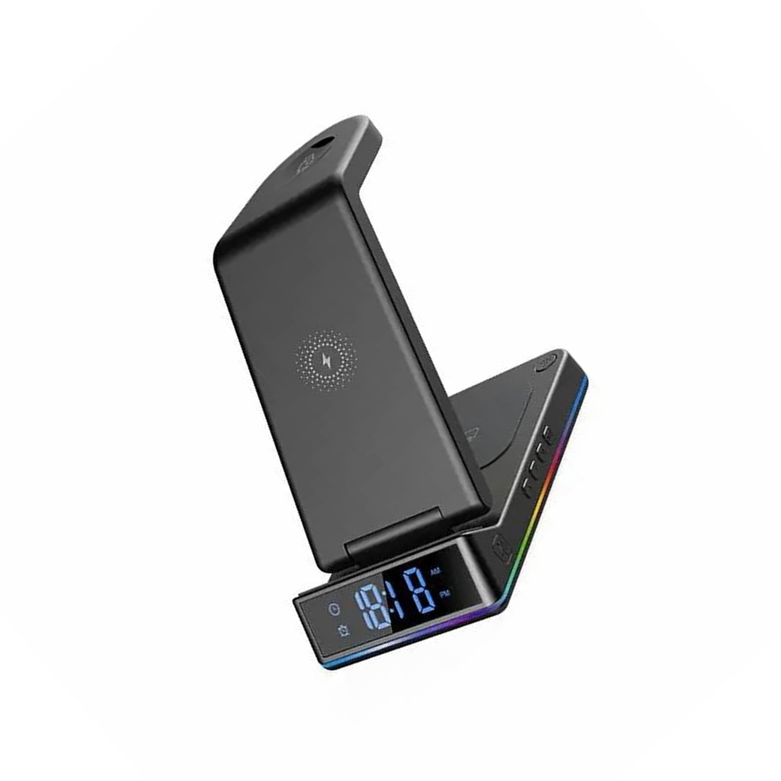 Support de charge pour téléphone, montre, écouteurs, station de charge pliable sans fil avec veilleuse, horloge et alarme