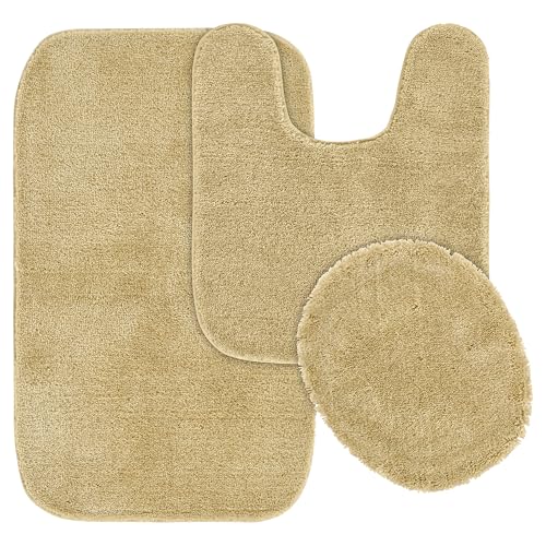 Garland Rug 3-Piece Traditional Nylon Washable Bathroom Rug Set, Beige