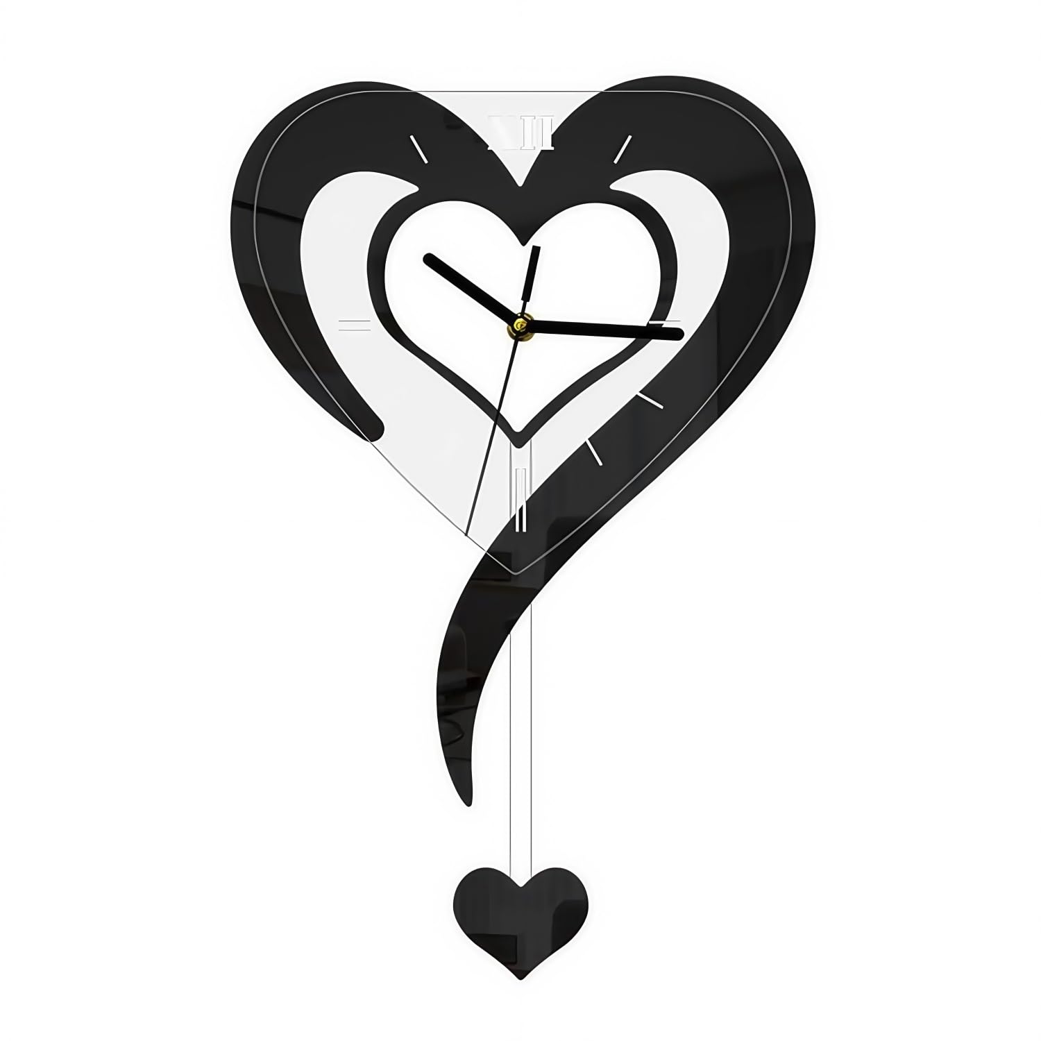 Easnea Acrylic Heart Shape Wall Hanging Clock Deorative Wall Clock Romantic Love Heart Clock Battery Operated Silent Creative Wall Clock with Pendulum for Living Room, Bedroom, or Office (Black)