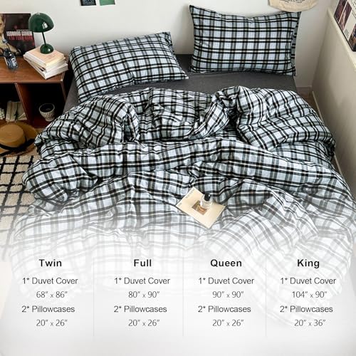Image of EAVD Vintage Light Blue Grey Buffalo Plaid Duvet Cover Full Soft Washed Cotton Gingham Bedding Set with Grid Checkered Pattern Farmhouse Geometric Duvet Cover with 2 Pillowcases for Boys Men Women