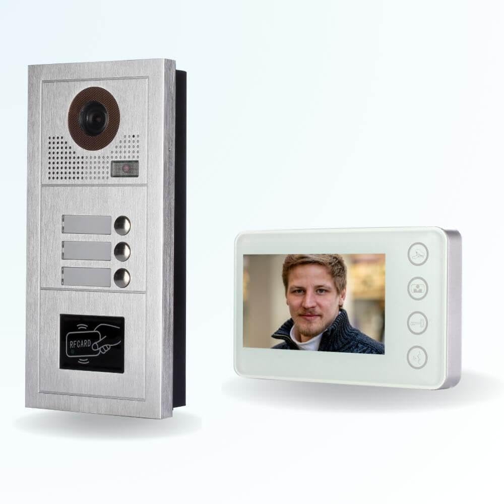 Portier interphone vidéo Modern 2 Fils - 3 Appartements - 3 écrans Blancs - avec Lecteur de Badge