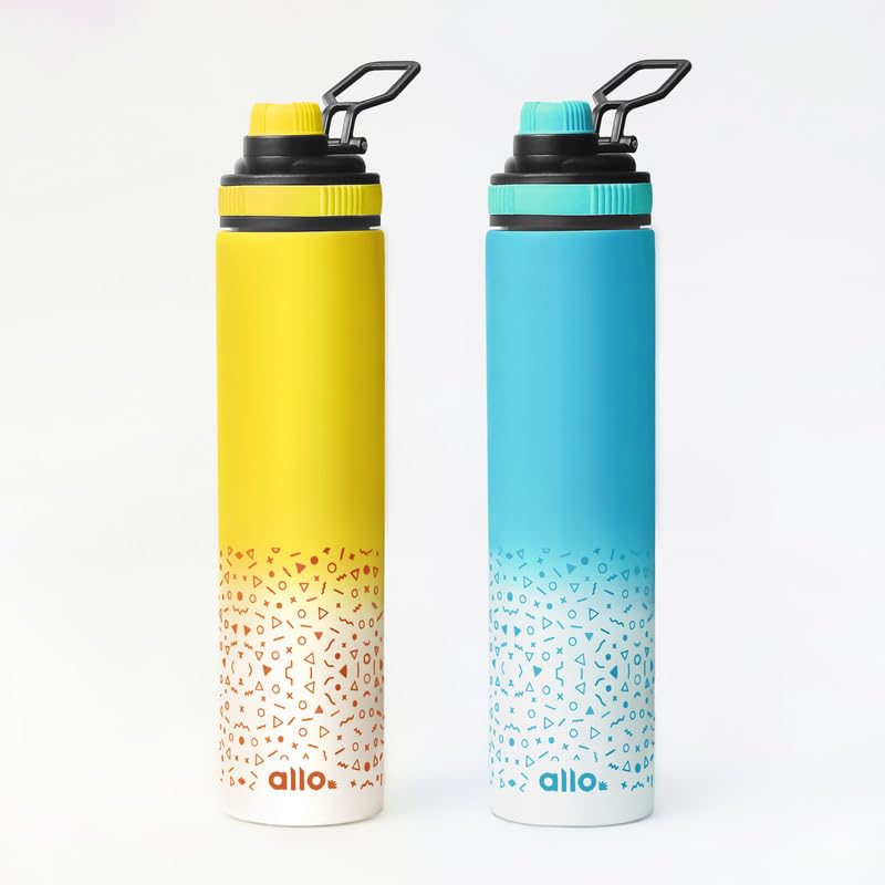 Image of Allo Stainless Steel Water Bottle For Adults, Kids 850ml for School, Office, Sports, Gym 850ml Water Bottle For Men And Women, Pack Of 2| Leak Proof, Bpa Free, Blue White(Turquoise), Yellow White