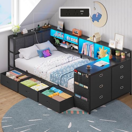 Brinlawb Single Bed Frame with Charging Station (2 AC Sockets 2 USB Ports) and LED Lights Single Bed with Storage 9 Drawers & Desk Upholstered Headboard Reversible Left/Right Hand Assembly Black