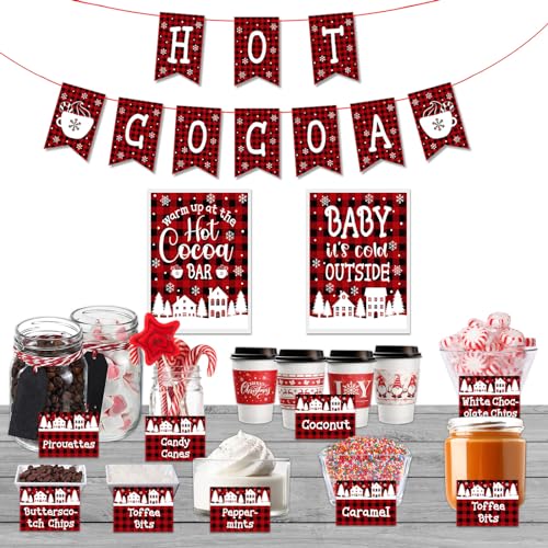FaCraft Hot Cocoa Bar Kit Supplies - Hot Cocoa Chocolate Banner Bar Sign Toppings Labels Cup Tags Stickers for Winter Christmas Party Birthday Holiday New Year Party Baby It's Cold Outside Decoration