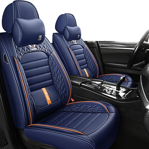 VIUDMEK Only 2 Front Leather Car Seat Covers for Kia Forte Koup 2010-2016,Waterproof Automotive Seat Cushions Covers,Universal Anti-Slip Seat Cover with Lumbar Pillows(Blue&Orange,Deluxe)