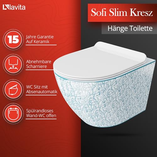 Lavita LAV 101 Vorwandelement für WC 40cm + Wand Hänge Tiefspül WC SOFI SLIM KRESZ Weiß/Blau Spülrandlos + Bedienplatte LAV 200.3.1 Weiß + WC Sitz mit Absenkautomatik Komplettset Unterputz Spülkasten – Bild 5