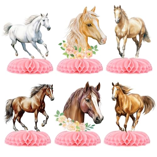 COMOOKA Pferde Deko Geburtstag Mädchen - 6er Set Tischaufsteller aus Karton & Seidenpapier - Geburtstagsdeko Pferde Mädchen - Pferde Tischdeko für Geburtstag & Mottopartys