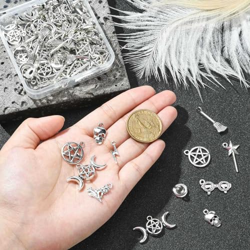 Stiesy 100pcs 10 Styles Antique Silver Witchcraft Theme Tibetan Witch Hat Feather Skull Magic Dangle Charms for DIY Crafts Jewellery Making - Image 3
