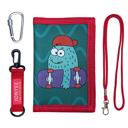 Jonyee Kids Trifold Wallet For Boys Girls Teen, Outdoor Sports Canvas Wallet With Lanyard/Keychain/Carabiner For Childrens Birthday Gifts (Skate Monster) #TOP6