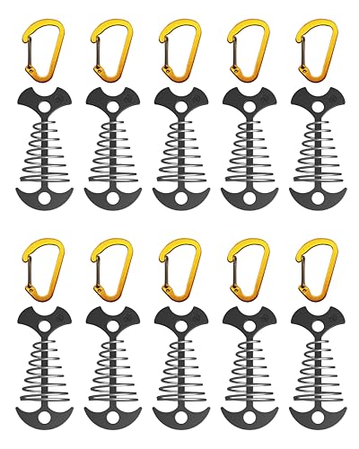NACETURE Deck Anchors Pegs with Carabiners - Tie Down Anchor Rope Tensioner | Rope Tent Tie Down Stakes Clips, Canopy Tent Anchors Outdoor Camping Tent Accessories 10 Pack (Black)