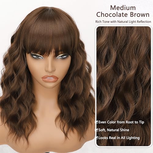 Image of Nnzes Short Wavy Bob Wig with Bangs for Women Shoulder Length Curly Soft Medium Chocolate Brown Synthetic Heat-Resistant Fiber Hair for Daily & Party Use