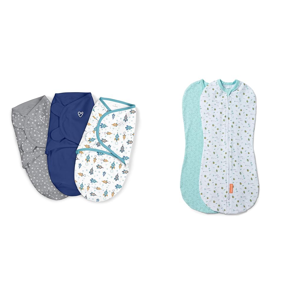 SwaddleMeby Ingenuity Original Swaddle, Size Large, for Ages 3-6 Months, 14-18 Pounds & by Ingenuity Pod - Size Small/Medium, 0-3 Months, 2 Count (Pack of 1) (Little Bees)