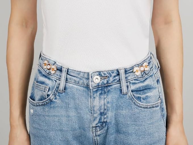 Image of YEKDA Denim Button Kit - 2 PCS Assorted Jeans Buttons for Quick Fix & DIY Adjustment - No-Sew Snap-On Metal Buttons for Pants, Skirts, Shorts - Easy Waist Size Control(2PCS Golden Flower)