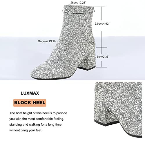Luxmax Women Glitter Ankle Boots Chunky Heel Square Closed Toe Sparkly Booties Block Heel Side Zip Winter Party Shoes Size 9 M Us,Silver #TOP1