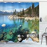 Ambesonne Lake Tahoe Shower Curtain, Scenic American Places Mountains with Snow Rocks in The Lake...