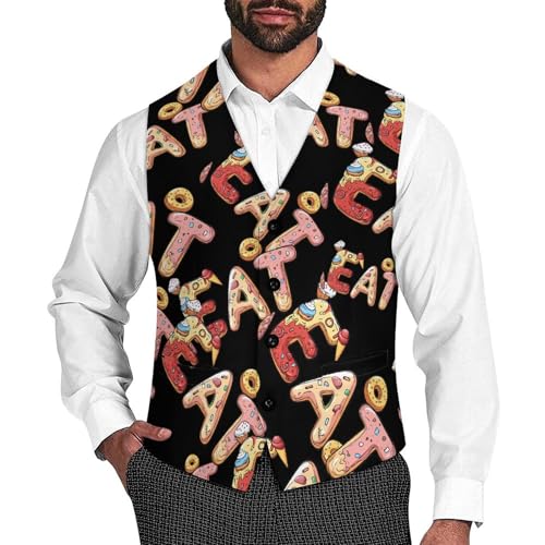 EAT Foodie Trendy Vest Suit for Men V Neck Formal Dress Waistcoat Vests Business Slim Fit